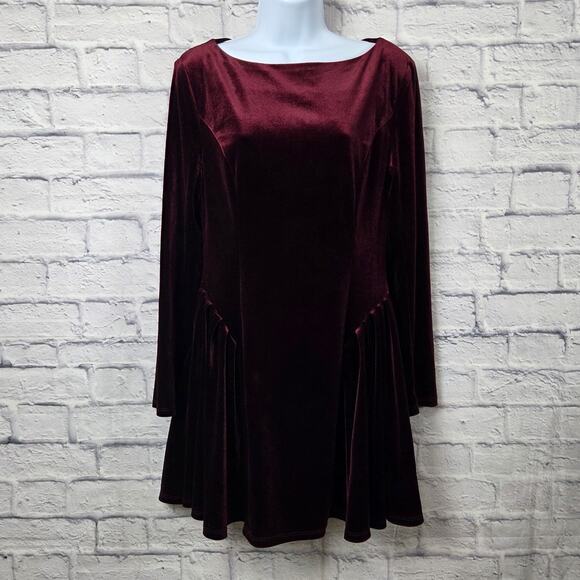 Commense Tunic Mini Dress Womens Size Medium Pleated Panel Velvet Burgandy - Picture 1 of 11